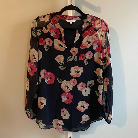CAbi Tops - Cabi Navy Pink Floral Long Sleeve V-Neck Blouse